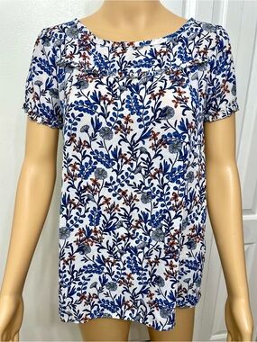 LOFT Short Sleeve Blue Floral Top Blouse size S